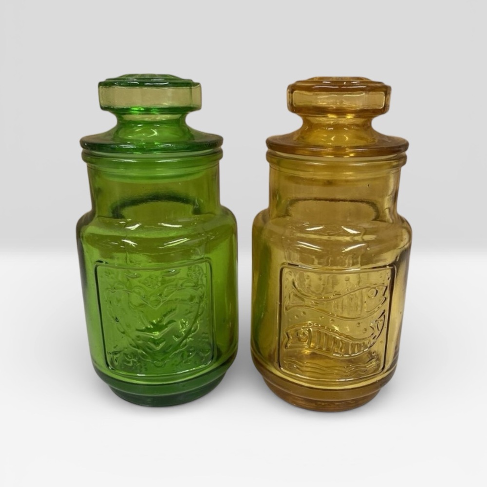 Vintage Wheaton Amber Glass Heart Fish Apothecary Jars 4.75" Pair USA Canisters